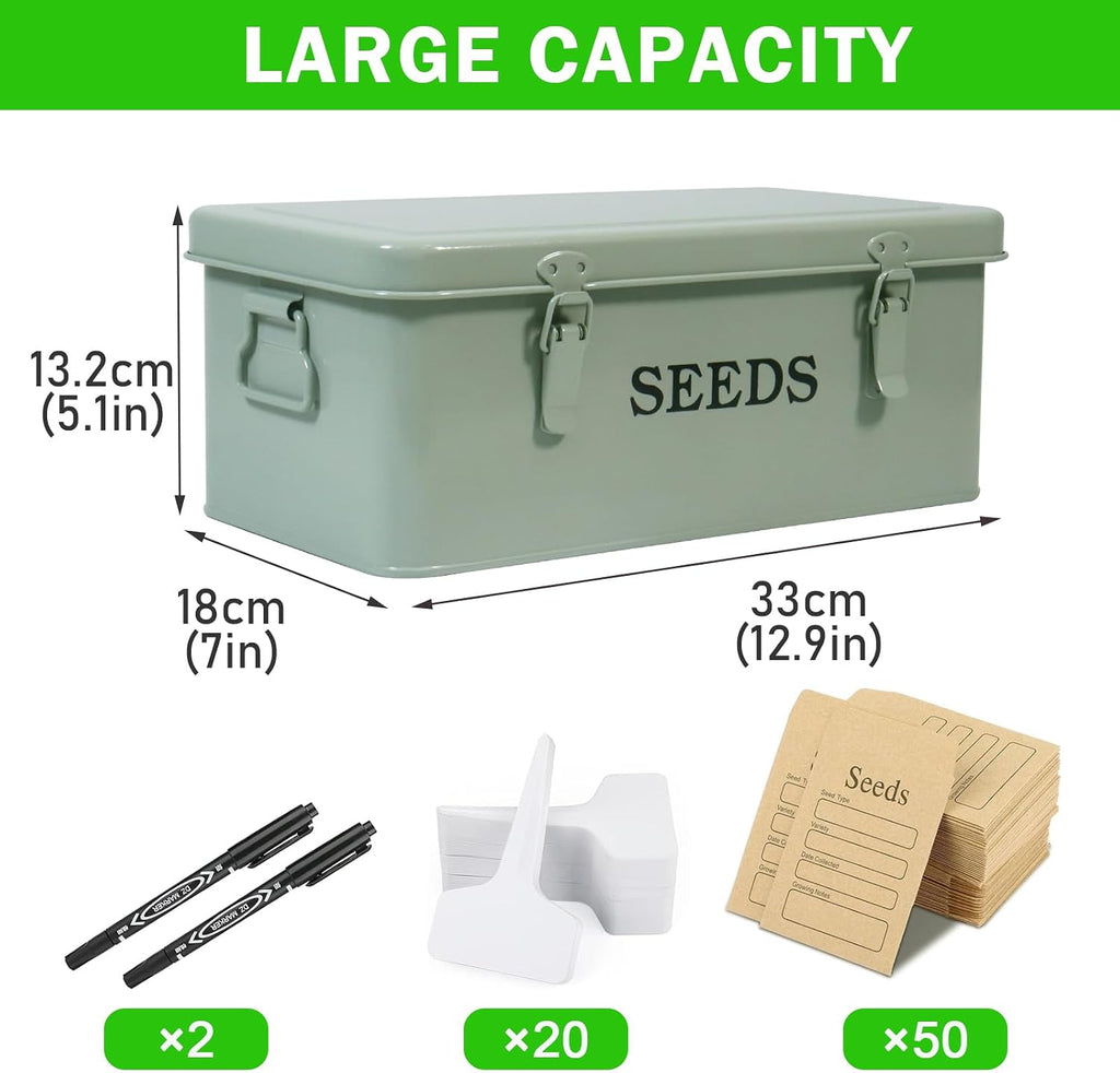 Seed Storage Organizer,Metal Seed Saving Box with Lid and Safety Locks, 4 Compartment Seeds Saver Kit with 2 Pens,20