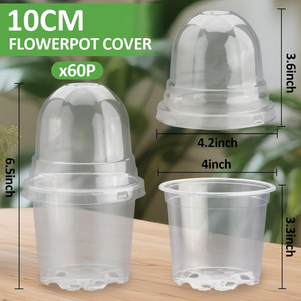 RooTrimmer 60 Pack Clear Nursery Pots with Humidity Domes, 4 Inch Plastic Plant Pots with Drainage Holes for Seedlings