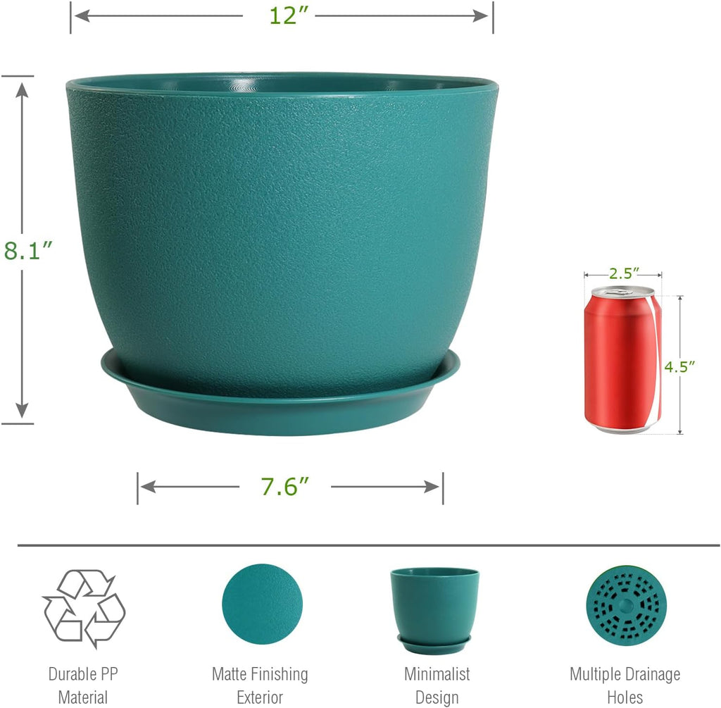 UOUZ 12inch Large Plant Pot, Modern Plastic Planter with High Driange Holes and Saucer for Indoor Outdoor Garden Plants