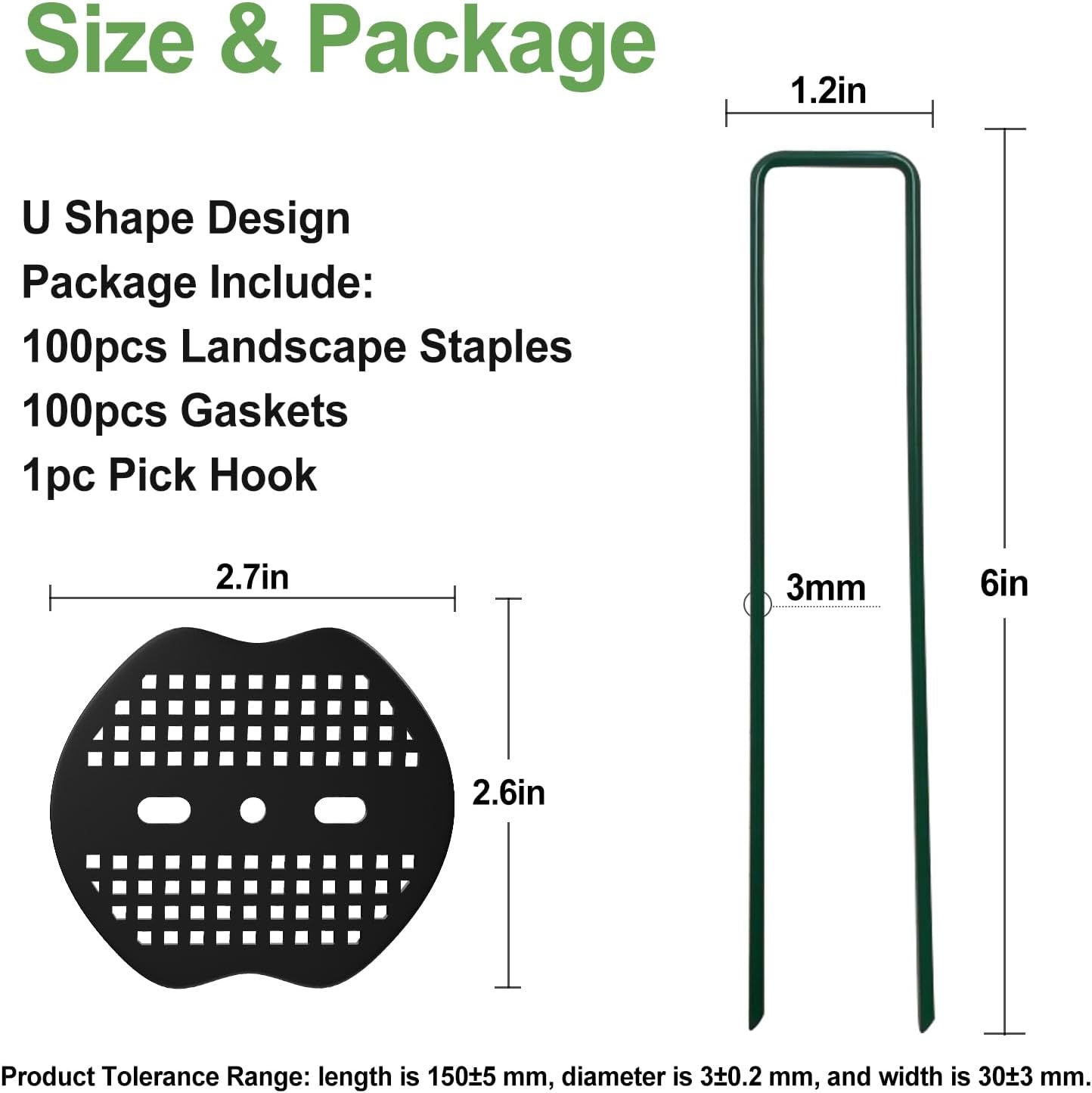 Landscape Staples 6Inch 100pcs Garden Stakes + 100pcs Gasket, Lawn Pins with Spray Coating Craft,11Gauge Anti-Rust