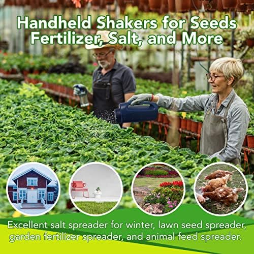 (2-Set) Multipurpose 2L Handheld Spreaders (Blue and Green) - Handheld Shakers for Seeds, Fertilizer, Salt, and More - With an Adjustable Dial for 7 Opening Modes - Includes 2 Scoops (Green)