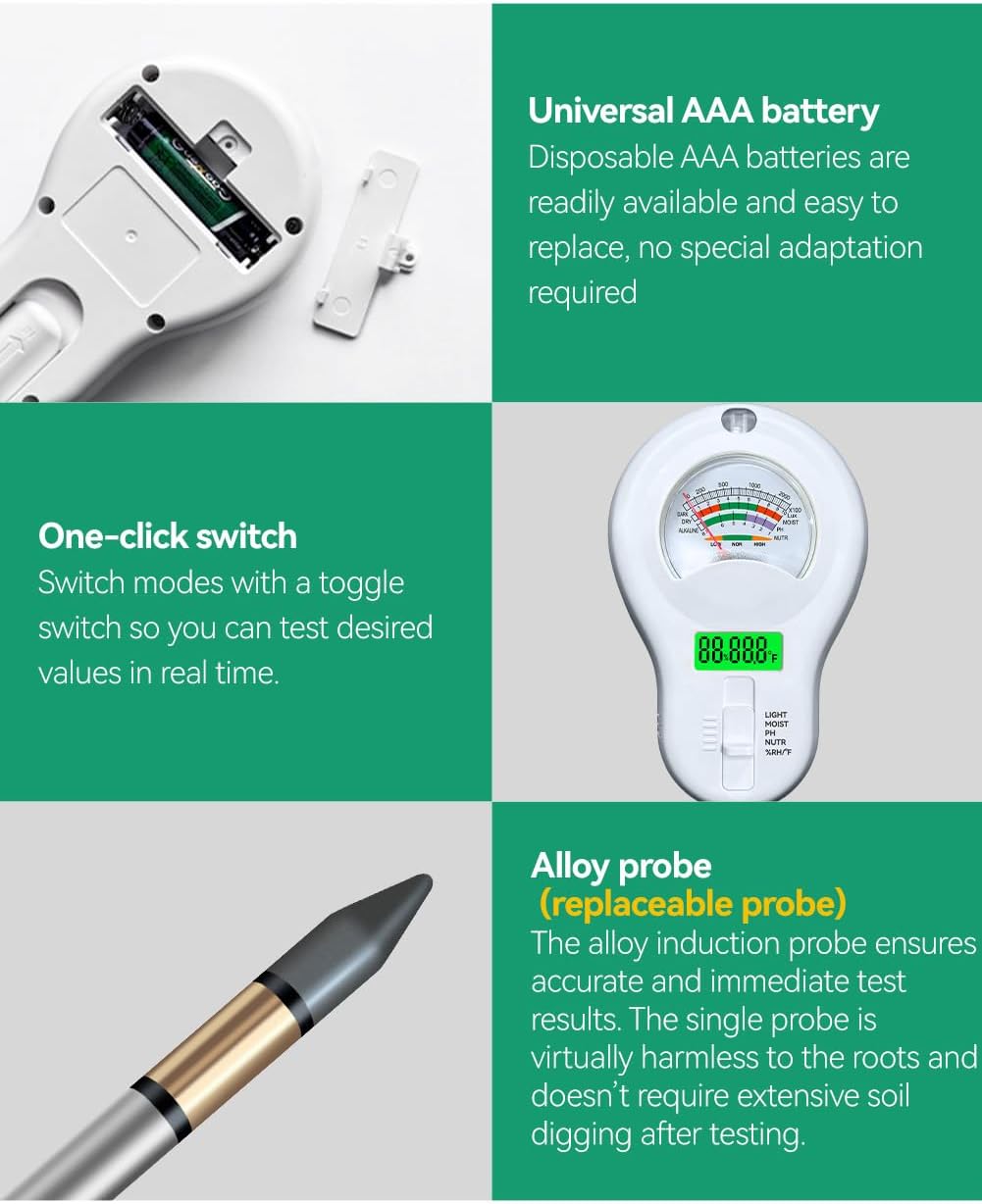 6-in-1 Soil Moisture Meter, PH Tester, Soil Moisture, Fertility, Sunshine Intensity, Temperature, Humidity, with