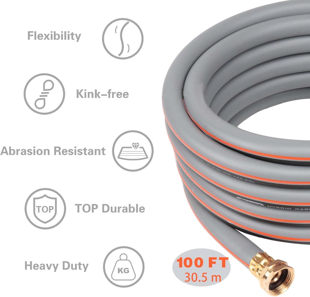 Garden Hose 100 ft 5/8, Rubber Water Hose Heavy Duty | Outdoor No Kink Hose, Hybrid Durable Hose for Yard Lawn with