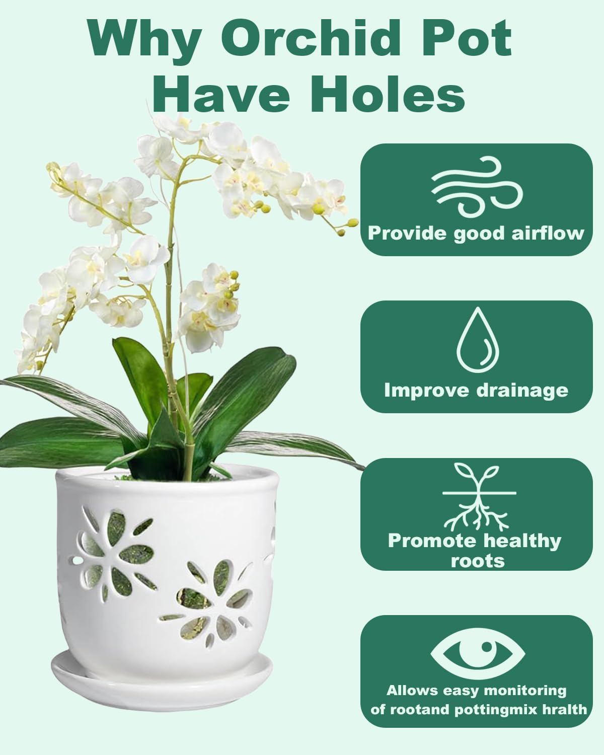 1 Pack 6 Inch White Ceramic Orchid Pot with Holes and Saucer | White Ceramic Planter for Orchid Repotting, Flower Pot