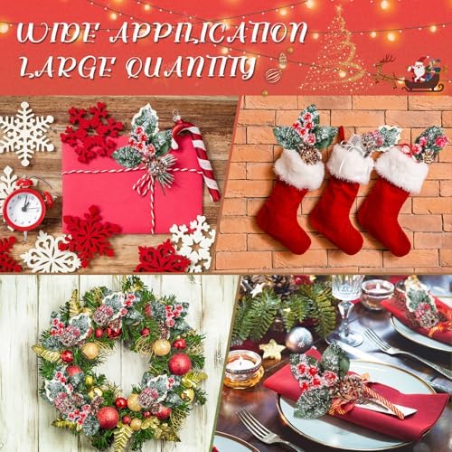 Yunlly 60 Pcs Christmas Pine Picks Holly Berry Pinecones, Snow Style