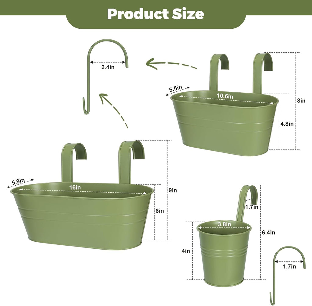 3 Different Size Metal Iron Hanging Flower Pots 10 Pcs for Outdoor Plants Metal Hanging Bucket Pots Iron Railing Fence