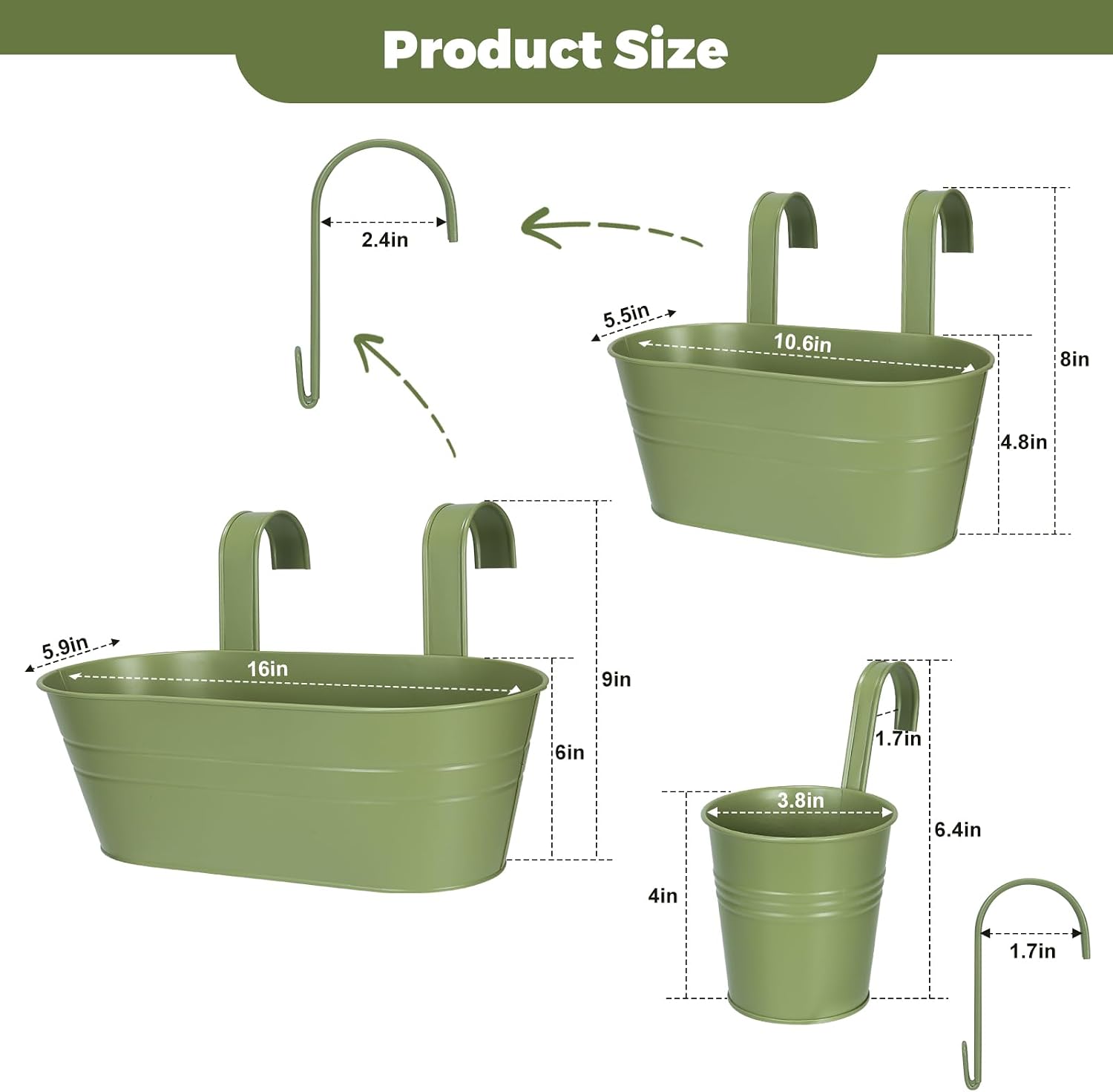 3 Different Size Metal Iron Hanging Flower Pots 10 Pcs for Outdoor Plants Metal Hanging Bucket Pots Iron Railing Fence
