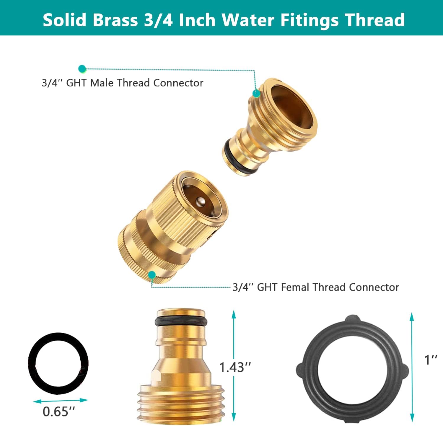 FINEST+ Garden Hose Quick Connector, Solid Brass 3/4 Inch Thread Fitting No-Leak Water Hose Female and Male Easy