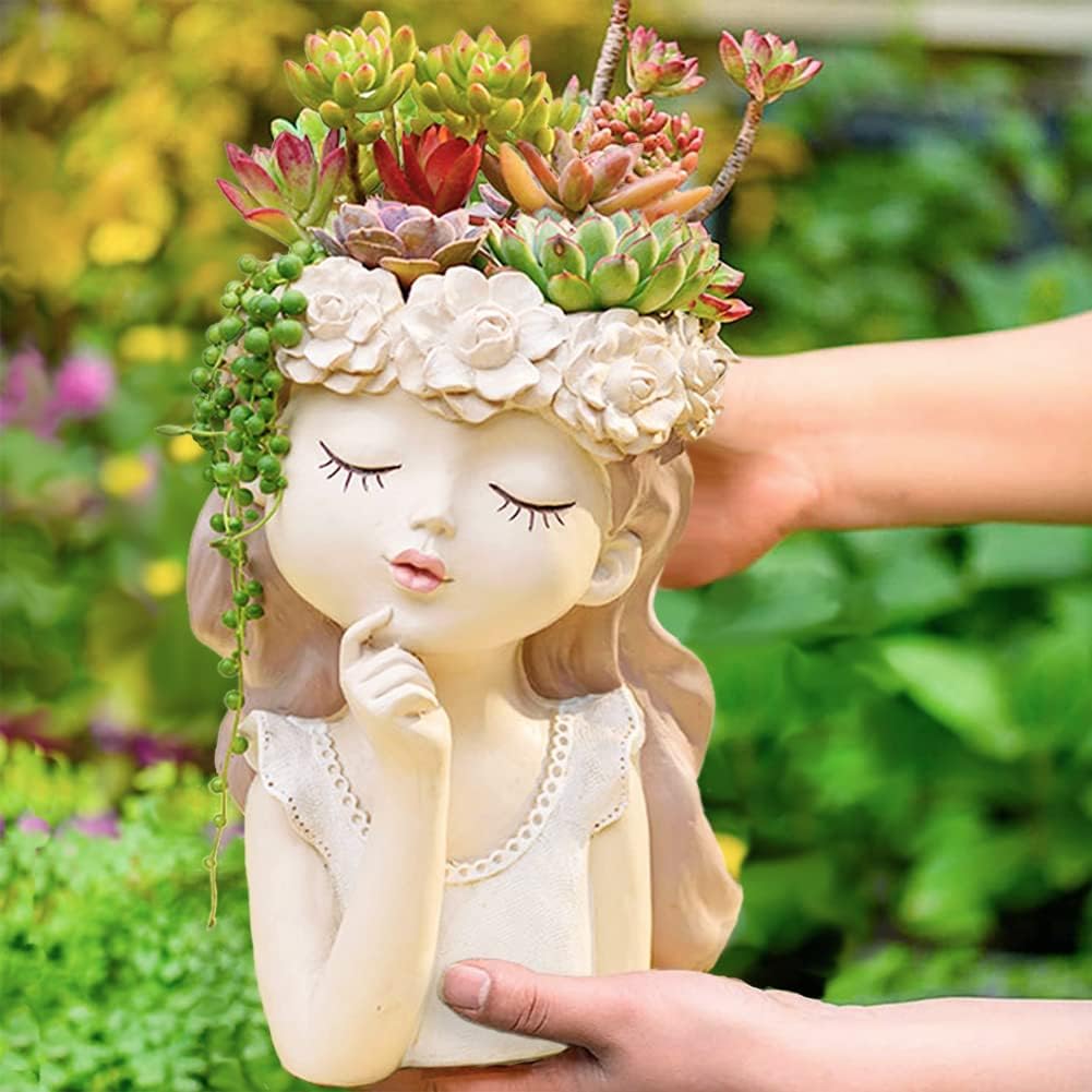 Succulent Plant Pot Drainage Hole large girl face planter pot big Resin lady head planter 11 inch tall flower vases