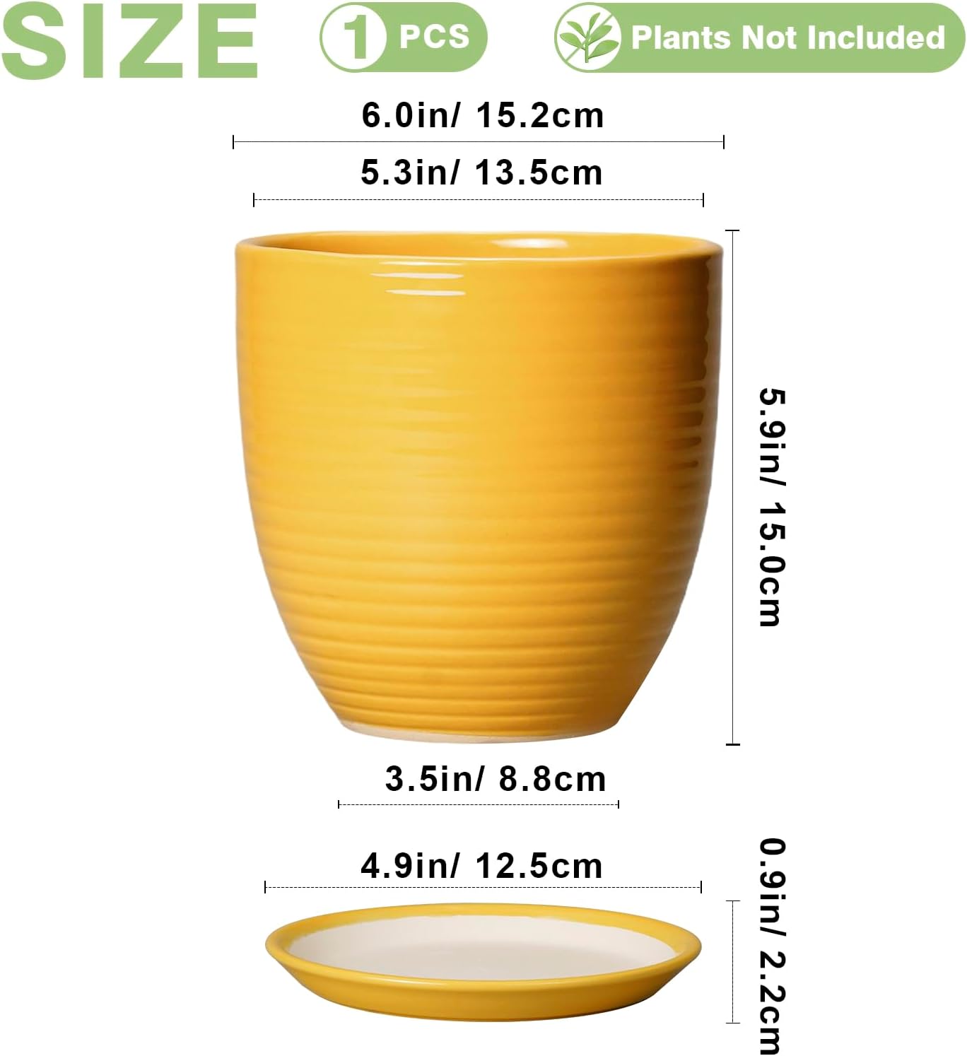 Ceramic Pots for Plants - 6 Inch Plant Pot for Indoor Plants, Ceramic Planter with Drainage Hole and Saucer, Round