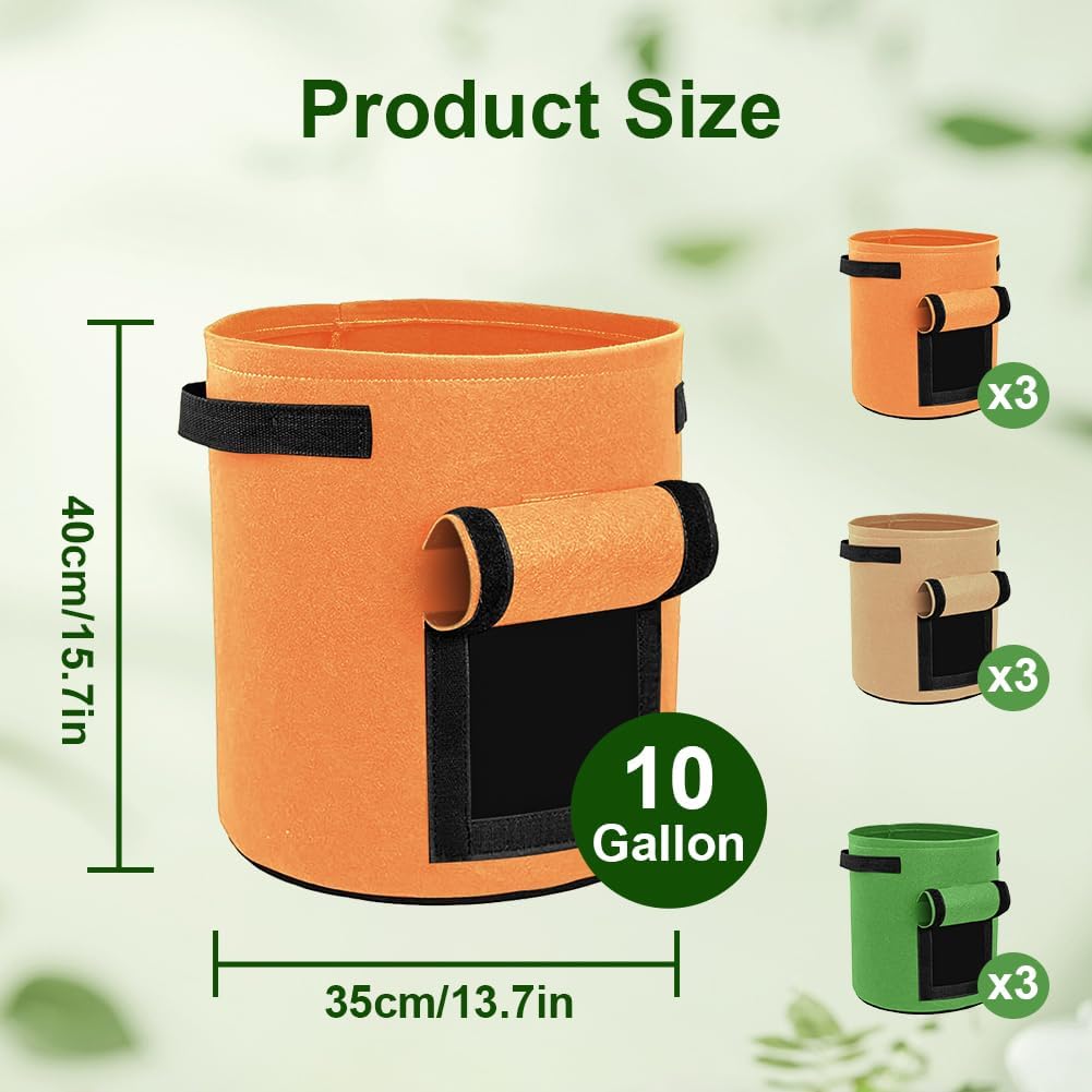 9 Pack 10 Gallon Potato Grow Bags, Colorful Garden Planting Bag | Nonwoven Fabric Growing Bags with Durable Handle and