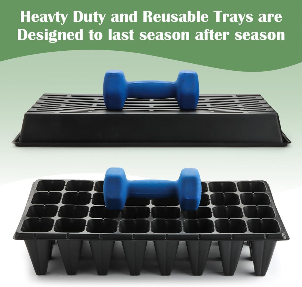 RooTrimmer 10 Pack 1020 Trays No Holes and 10 Pack 4.3" Deep 32 Cell Seed Starter Trays, 20" x 10" - Heavy Duty Plastic
