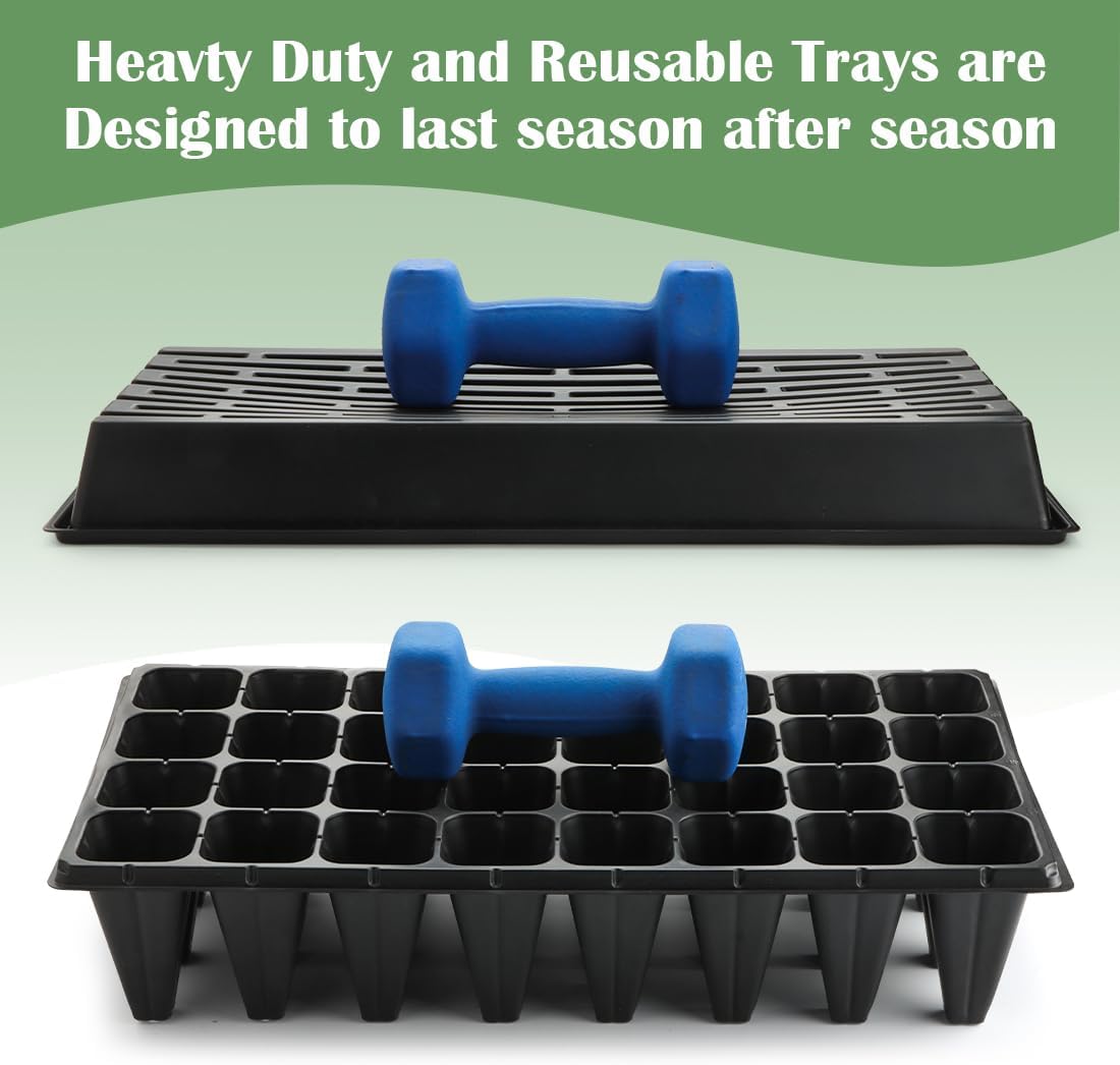 RooTrimmer 10 Pack 1020 Trays No Holes and 10 Pack 4.3" Deep 32 Cell Seed Starter Trays, 20" x 10" - Heavy Duty Plastic