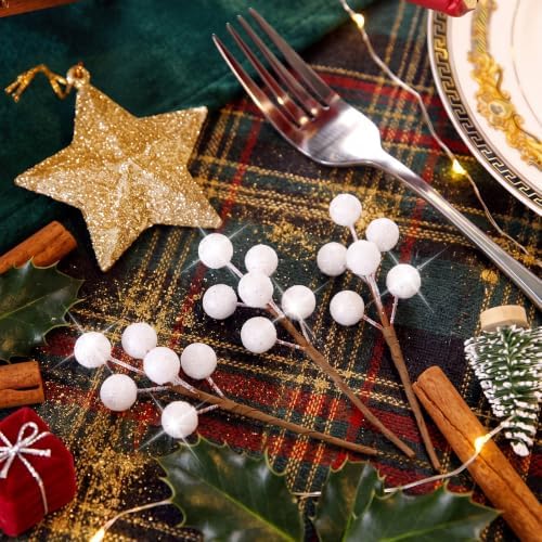 Tatuo 360 Pcs Glitter Ivory Holly Berries on 60 Stems, Christmas Winter