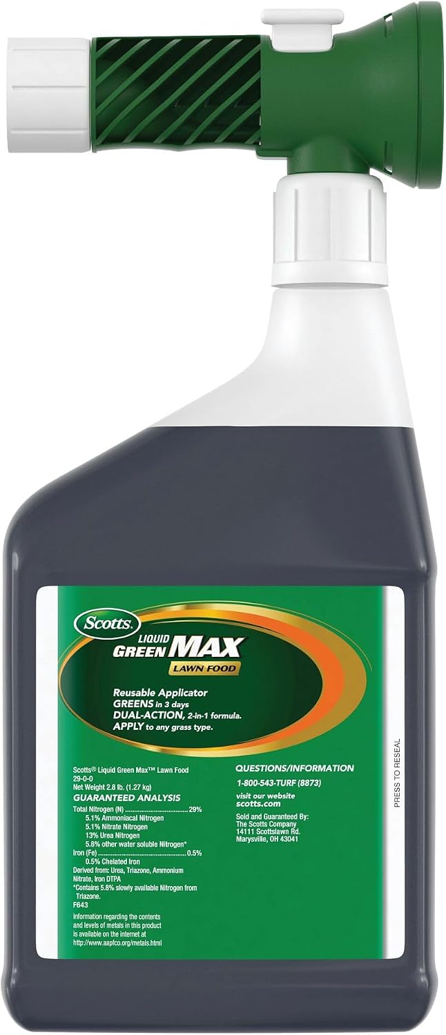 Scotts Liquid Green Max Lawn Food, 32 fl. oz. | Liquid Lawn Fertilizer and Iron Supplement, For Any Grass Type, 29-0-0