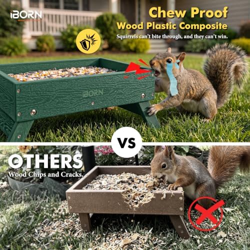 iBorn Ground Bird Feeder, Bird & Squirrel Platform Feeder for Outdoors, WPC Recycled Plastic, 3LB Large Capacity, Green