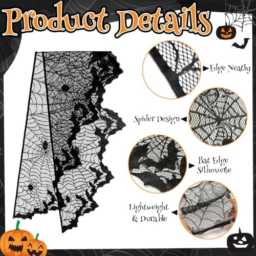 Black Lace Cobweb Halloween Fireplace Mantel Scarf Cover Decor, 18x96 in