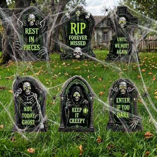 16.5 Inch 6 Pack Halloween Tombstones Outdoor, Graveyard Signs with Stakes