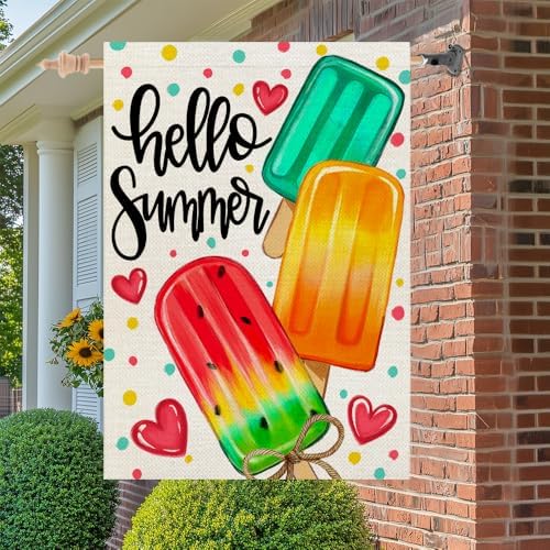 CROWNED BEAUTY Summer House Flag Popsicles Double Sided 28x40 Inches Large Burlap Welcome Seasonal Welcome Yard Decoration for Outside Porch CF1813-40