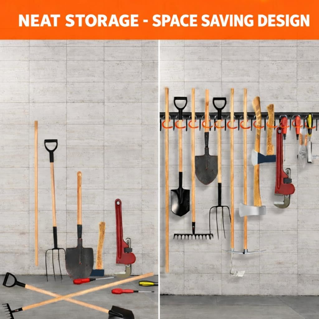 TVKB 68'' All Metal Garden Tool Organizer Adjustable Garage Tool Organizer Wall Mount Garage Organizers and Storage