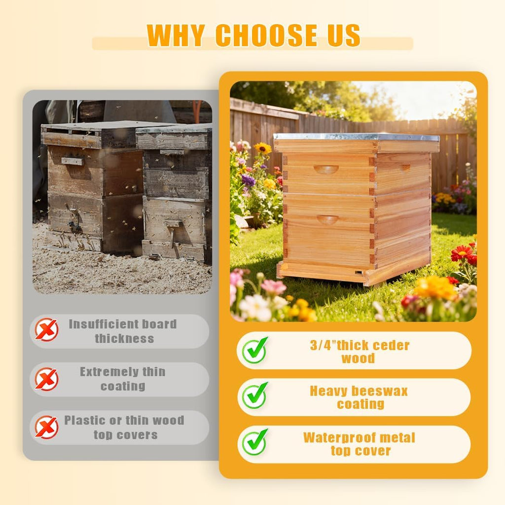 POLLIBEE 8 Frame Beehive Beeswax Coated Langstroth Bee Hives Include 1 Deep Boxes and 1 Medium Bee Box with Beehive