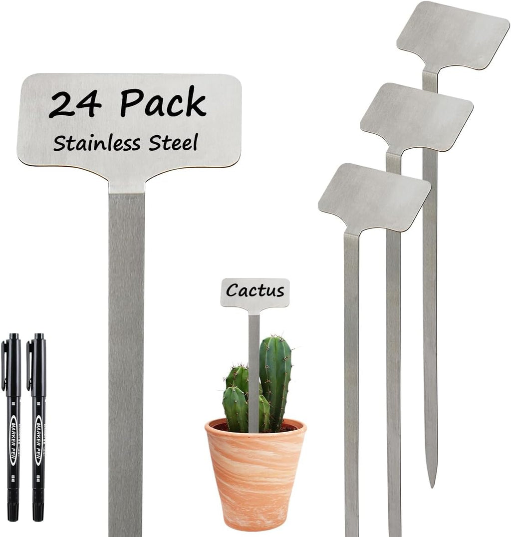 24 Pack Stainless Steel Plant Labels, Waterproof Metal Plant Markers for Outdoor Garden, Greenhouse, Vegetables, Herbs, Flowers - Comes with 2 Permanent Markers (Samll-8 in L)