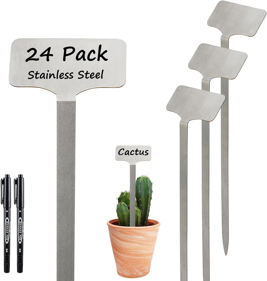 24 Pack Stainless Steel Plant Labels, Waterproof Metal Plant Markers for Outdoor Garden, Greenhouse, Vegetables, Herbs, Flowers - Comes with 2 Permanent Markers (Samll-8 in L)