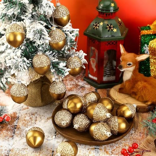 Lyrow 24 Pcs Christmas Acorn Ornaments Gold Plastic Hanging Tree Decor
