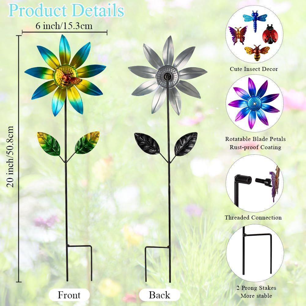 4 Packs Wind Spinner Outdoor, Pinwheels for Yard and Garden, Metal Flower Decorative Garden Stakes for Lawn Patio Porch