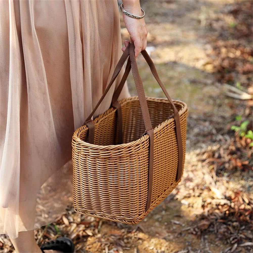 Wicker Shopping Basket with Handles – Reusable Handwoven Market Basket for Groceries, Farmers Market, Foraging, Picnic