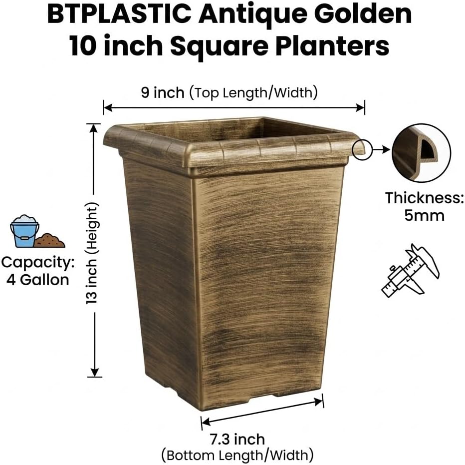 10 Inch Tall Outdoor Square Planter - 4 Pack Vintage Gold Faux Metal | Plant Pot with Drainage Holes & Raised Feet, 13"
