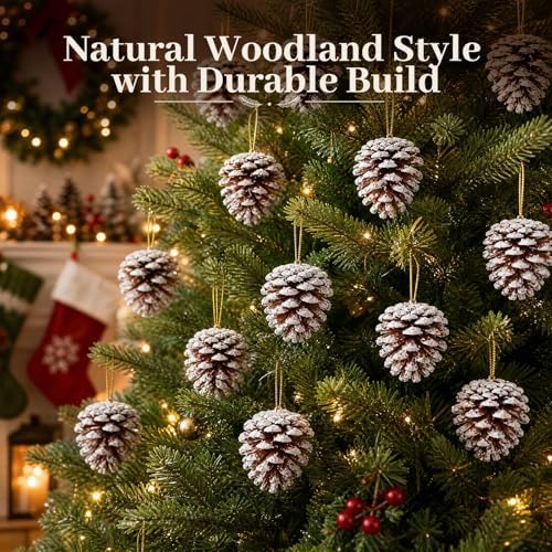 JOHOUSE 24 PCS Snow, Dusted Natural Pine Cones with Gold String, 2-2.5in