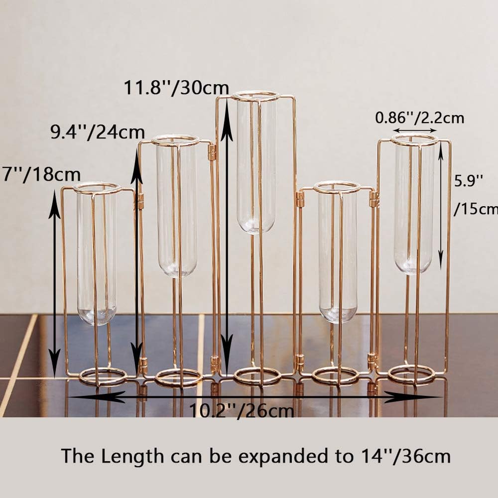 Hinged Flower Vases Test Tube Flower Vase with 5 Test Tubes Gold Metal Frame can be Bent and Contorted, Propagation