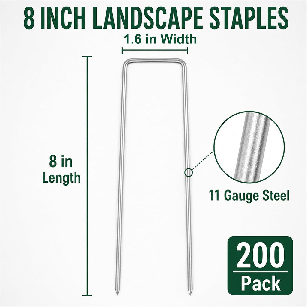 200 Pack 8 Inch Landscape Staples, Weed Barrier Stakes, 11 Gauge Galvanized | Tapered U-Shaped Stakes Secure Weed