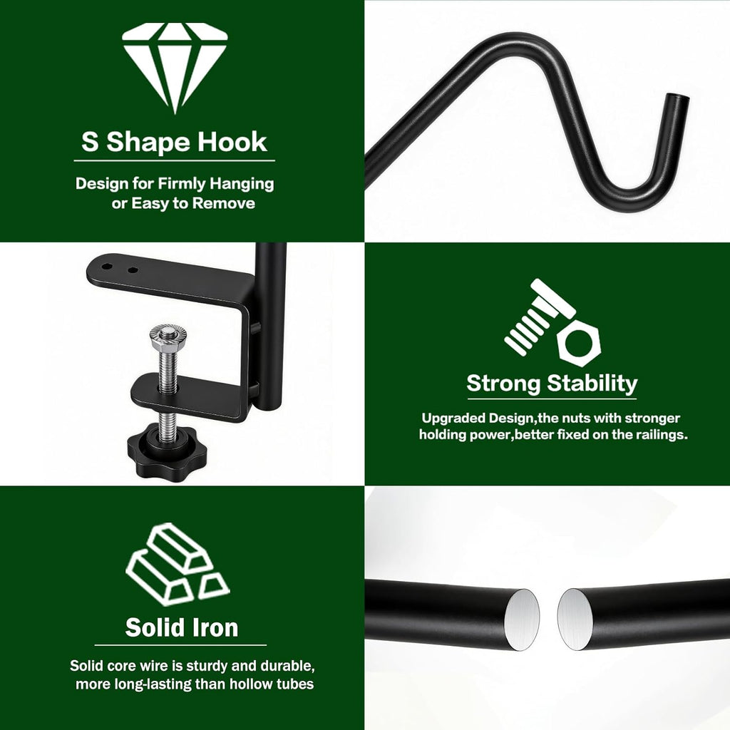 15 Inch Deck Hooks Hanger for Railing 2 PCS, 360° Swivel Adjustable | Heavy Duty Solid Shepherds Hooks for Outdoor