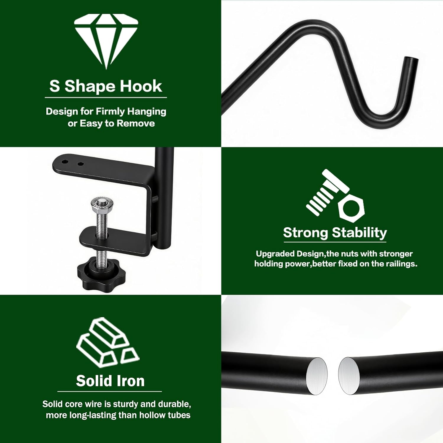 15 Inch Deck Hooks Hanger for Railing 2 PCS, 360° Swivel Adjustable | Heavy Duty Solid Shepherds Hooks for Outdoor