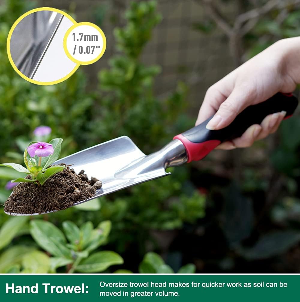 Garden Tool Set 3 Pc, Cast-Aluminum Heavy Duty - Trowel, Rake, Red | Non-slip rubber handle, ergonomic. Rustproof