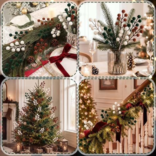 48 Pcs Brown Green Beige 6.5 Inch Christmas Holly Berry Stems