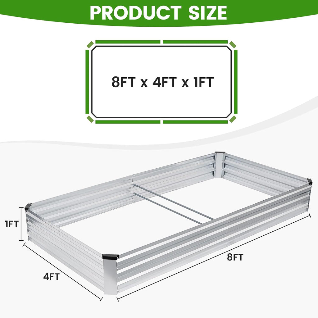 G GOOD GAIN 2Pcs Galvanized Raised Garden Bed 8x4x1ft for Herbs, Silver | Metal Planter Box Outdoor, Rectangular Raised