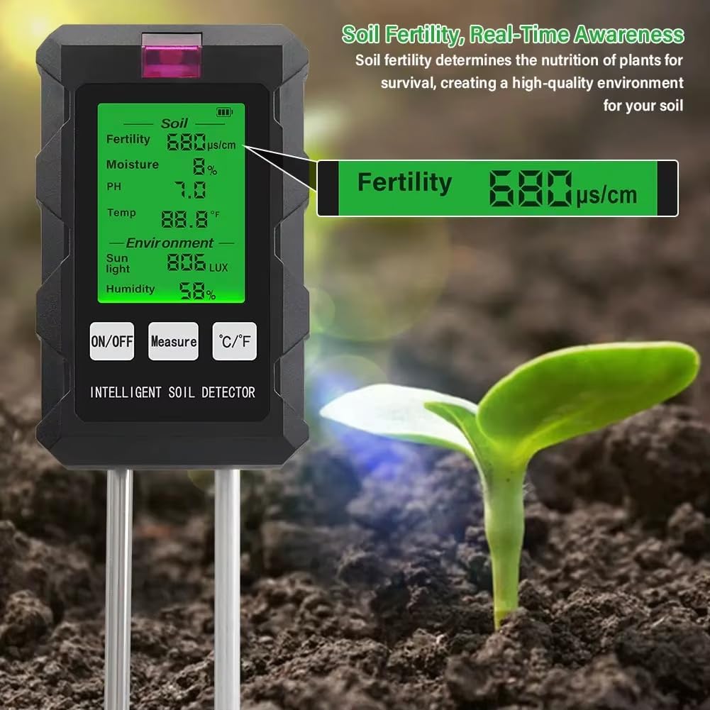 GROW24 Digital Soil Tester, 6-in-1 Moisture Meter with pH, Temperature, Sunlight Intensity for Garden Plants