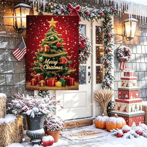 Large Christmas Tree House Flags Outside 28x40 Double Sided Burlap