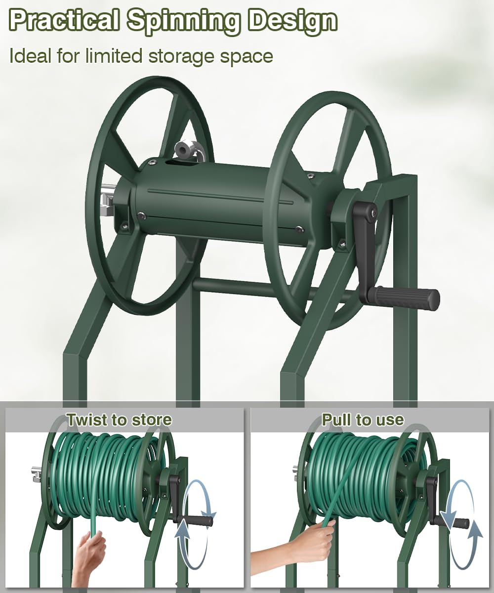 4-Spike Garden Hose Reel with 3.9ft Leader Hose & Stainless Fitting, Outdoor Hose Holder holds 125ft Hose of 5/8"