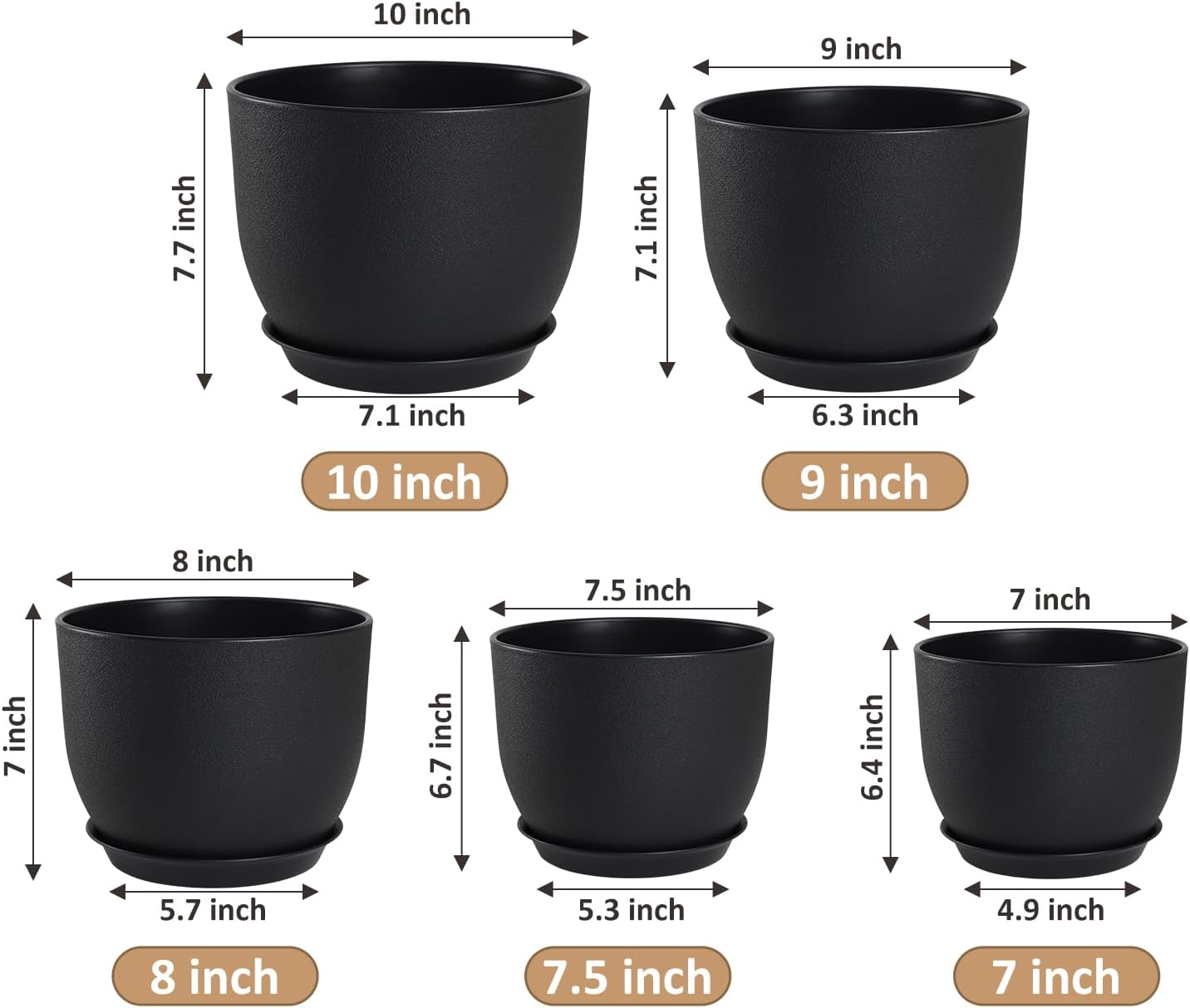 YNNICO Plant Pots 10/9/8/7.5/7 inch Set of 5,Flower Pots with Multi Mesh Drainage Holes, Large Planters for Indoor