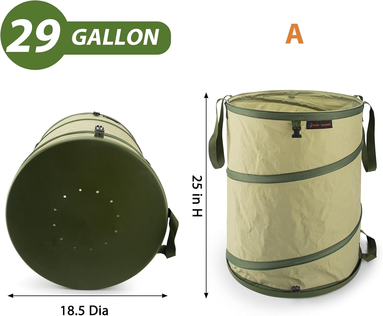 YUDI & GARDEN 29 Gallon Hard Bottom Collapsible Trash Can, 2-Pack | Heavy Duty, Collapsible Garden Bag, For Weeds