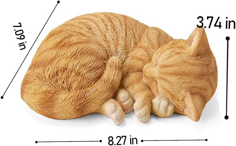 Sleeping Orange Tabby Cat Garden Statue Decor 8.27”L, Resin Realistic Sculptures Gift for Cats Lovers, Pet Memorial