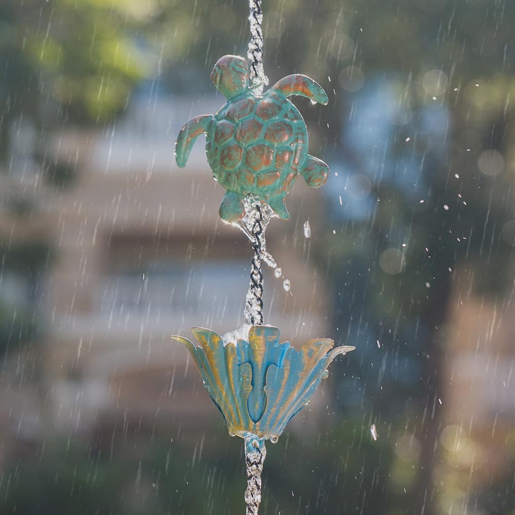 10ft Rain Chain with 16 Cups for Outside Gutters, Eaves, Drainage | Turtle & Lotus Shape, Metal Rain Chain, Adjustable