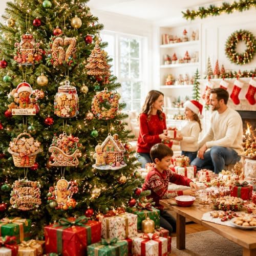 12Pcs Christmas Hanging Ornaments Gingerbread Man Wooden Hanging with House Wreath Car Holly Dessert Designs Cute Winter Tree Decorations for Christmas Holiday Party Supply