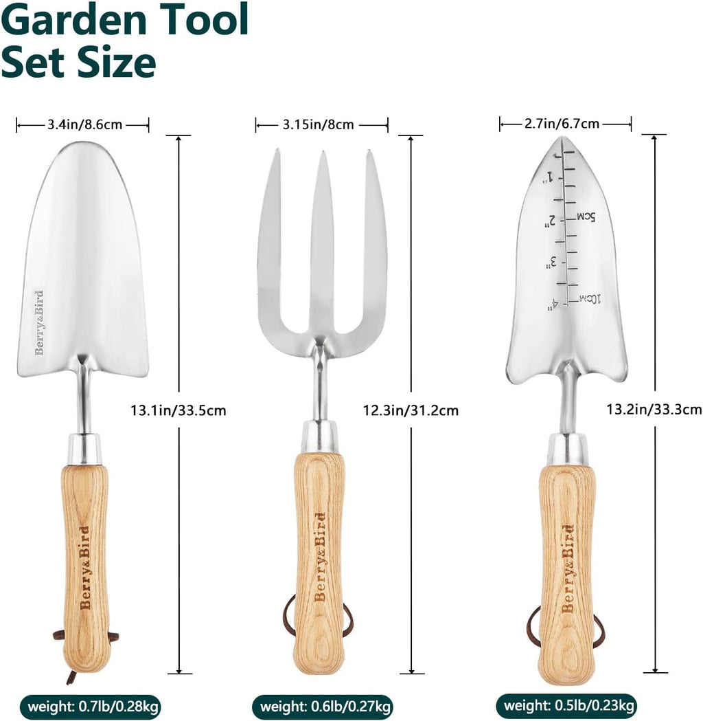Berry&Bird Garden Tool Set- 3PCS Stainless Steel Gardening Tool Sets with Wooden Handle Trowel Weeding Fork & Digging