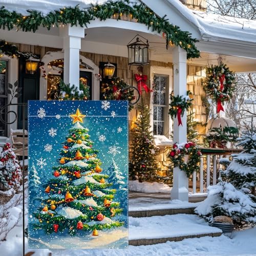 Winter Christmas Tree Garden Flag for Outside, Snowflake Xmas Ball Welcome Christmas Yard Flag 12x18 Inch Double Sided Burlap Holiday Farmhouse Home Decoration Outdoor Flag