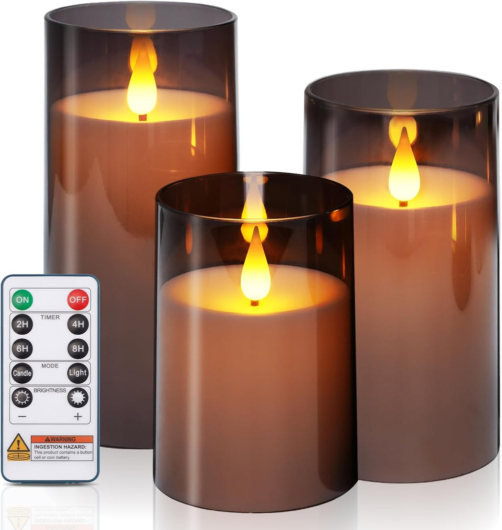 Homemory Gray Flameless Candles, Battery Operated Acrylic LED Pillar Candles with Remote Timer, Realistic Flickering Fake Candles for Home Decor, Wedding, Party, Halloween Decorations, Set of 3